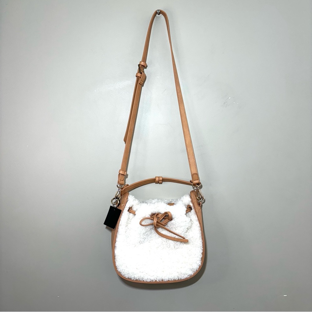 Zara Basic Tan Faux Sherpa Bucket Crossbody Bag Vegan Leather Trim NWT Cozy Boho